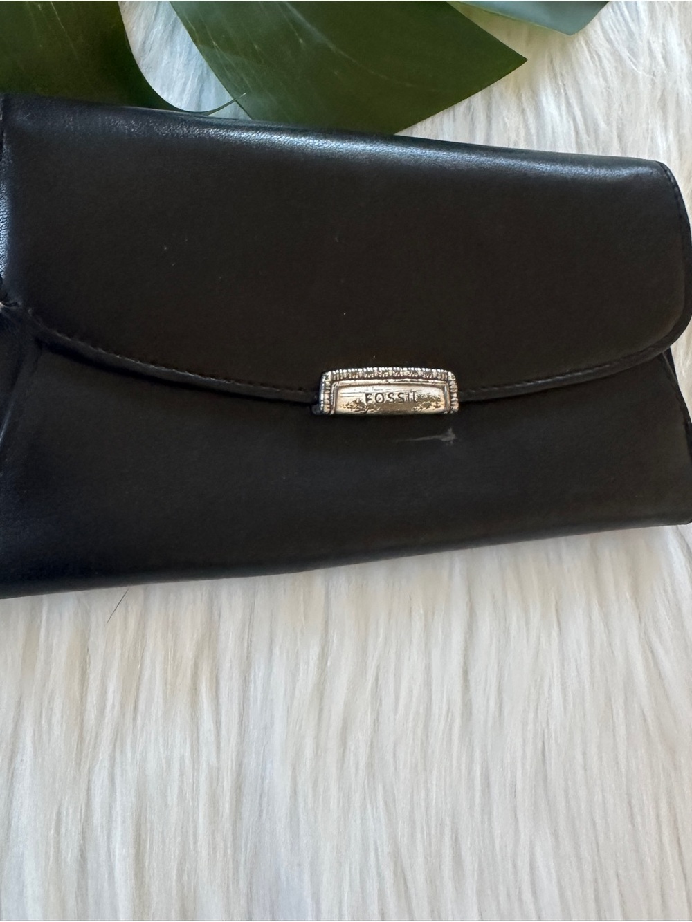 Fossil Black Leather Wallet with Silver Logo Accent